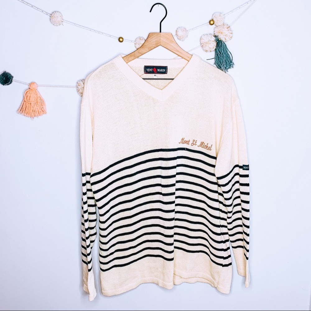 VINTAGE chunky French striped grandpa sweater